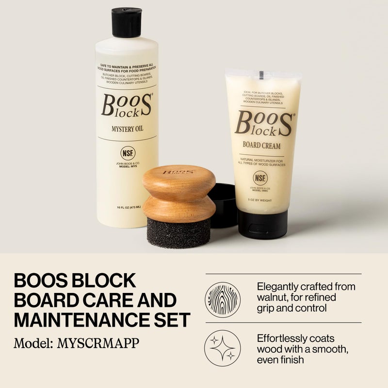 John Boos 3-Piece All-Natural Care & Maintenance Set - 16 oz Mystery Oil, 5 oz Board Cream & Round Applicator for Butcher Blocks, Cutting Boards, Wood Countertops, and Wooden Utensils - Image 2